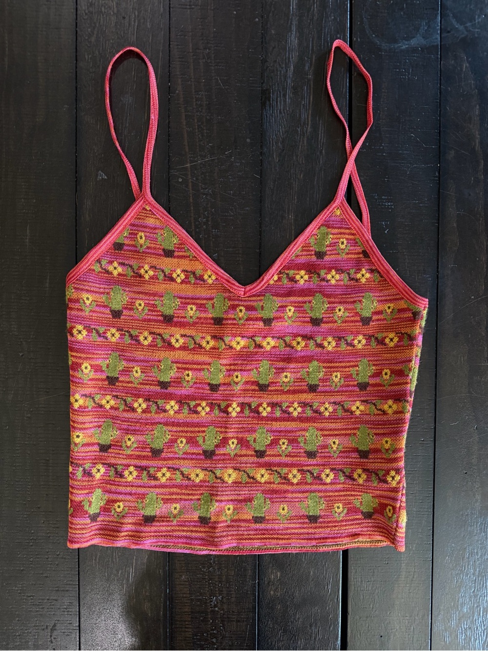 Zara Knit Cactus Print Cami Tank Top | Pink Western Desert Floral | Size S